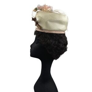 Vintage Union Made Women's Pillbox Hat with Veil and Floral Accent - BH